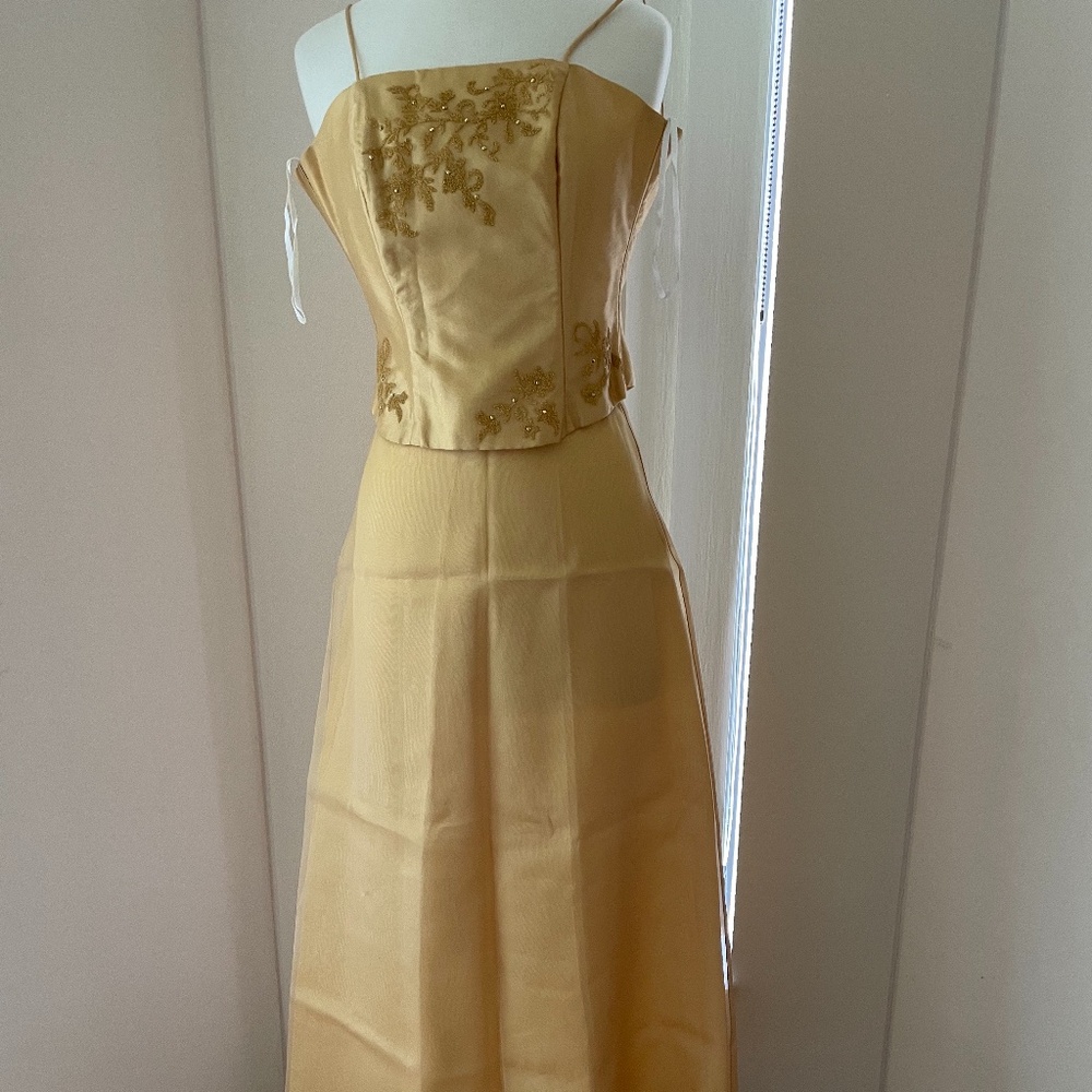 Evening beaded  gown color golden mustard  bustier top and skirt 34d siz…